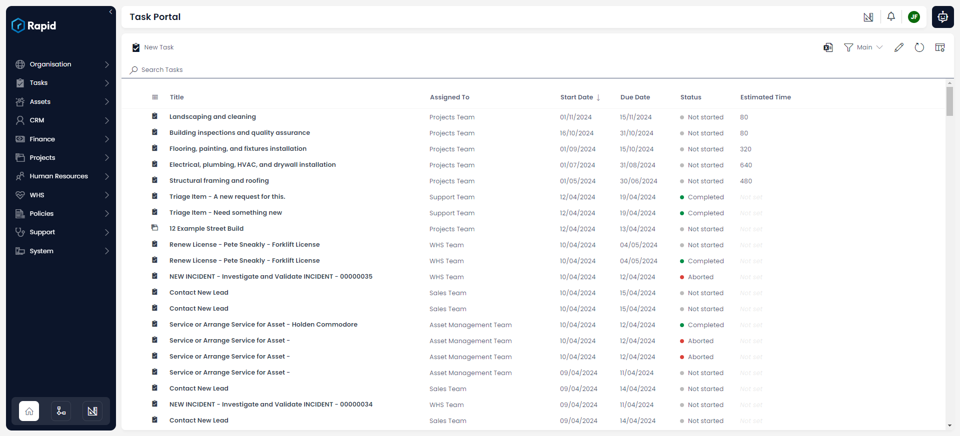 A screenshot that demonstrates an example Tasks Portal. The tasks portal has been populated with example data. In this table, the &quot;Main&quot; view is selected. The table contains seven columns, which are (from left to right): Title, Assigned To, Start Date, Due Date, Status, and Estimated Time.